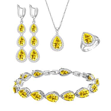 Imagem de LMXXVJ Conjunto de colar e pulseira de brincos longos, banhado a ouro branco, safira azul, conjunto de joias para presente de festa de casamento para mulheres, dama de honra, Cobre, Safira sintética