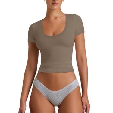 Imagem de REORIA Camisetas femininas básicas com gola redonda e manga curta, Cinza, marrom, G