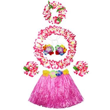 Imagem de Fighting to Achieve Conjunto de fantasia de desempenho de saia de grama rosa havaiana de 30 cm para meninas