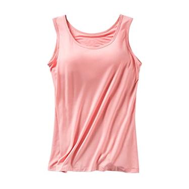 Imagem de Camisetas femininas com sutiã embutido 2024 verão algodão alças finas regatas básicas respiráveis, rosa, GG