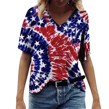 Imagem de Camiseta feminina Independent Day listrada bandeira dos EUA 4 de julho camiseta gola V manga curta roupas, Azul marino, XXG