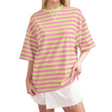 Imagem de Camiseta feminina listrada color block para praia plus size gola redonda básica casual verão, 011 - Rosa, GG