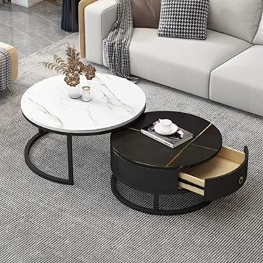 Imagem de Conjunto de 2 mesas de centro multifuncionais com armazenamento de gaveta, textura de mármore ardósia e estrutura de metal, perfeita para decoração de sala de estar e quarto., Moldura preta