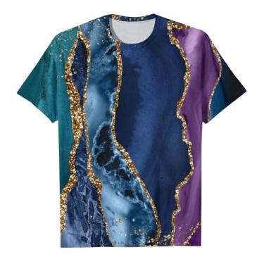 Imagem de Camisetas femininas casuais, gola redonda, manga curta, férias de verão, estampa de flores, plus, Azul, GG