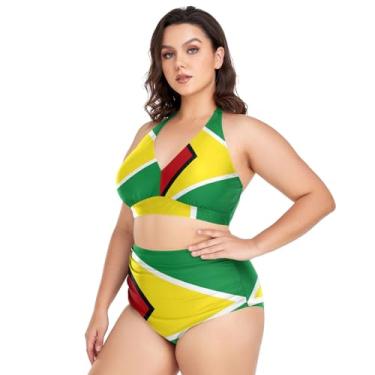 Imagem de Biquíni feminino plus size, cintura alta, maiô de 2 peças, frente única, franzido com parte inferior, Bandeiras nacionais da Guiana, XXG Plus Size