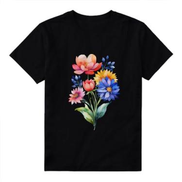 Imagem de Camiseta feminina com estampa de flores e gola redonda com flores silvestres, Estilo 1, P