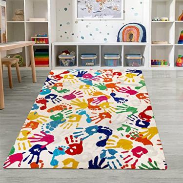 Imagem de STARUIA Tapete infantil grande para impressões de mãos e pegadas, 1,8 m x 18 cm, tapete de área colorido lavável para quarto de bebê, tapete de brincar antiderrapante, tapete interno ultramacio para