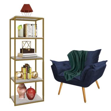 Imagem de Kit Poltrona Fatte com Manta Soft Verde e Estante Livreiro Ferro Dourado MDF Marmorizado Cinza Suede Azul Marinho - Ahz Móveis