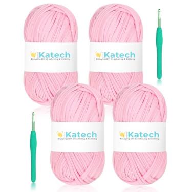 Imagem de Katech Camiseta 4 x 100 g rosa para crochê, kit de fio de crochê de tecido elástico de 130 m para tricô, fio espaguete grosso para projetos de crochê de bolsa e cesta, decoração de casa