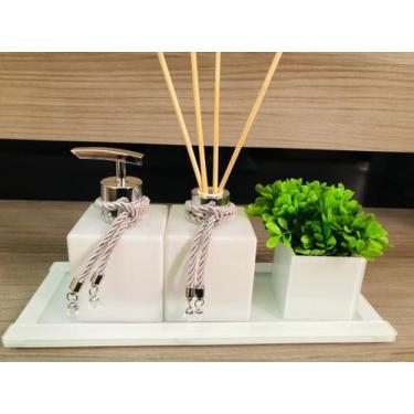 Imagem de Kit Lavabo 4 Peças Sabonete Aroma Vidro Bandeja Vaso Branco - Ateliê C