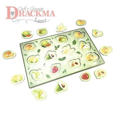 Imagem de Jogo de encaixe frutas pedagógico colorido em madeira. - Drackma