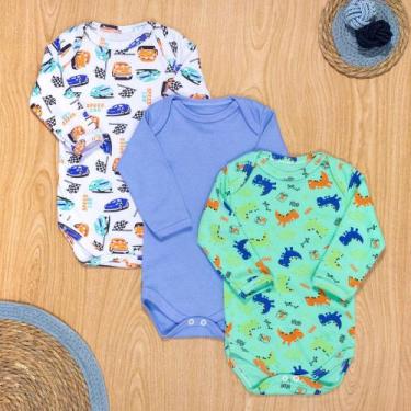 Imagem de Kit Body para Bebê Menino Manga Longa 3 Pçs Estampadinho até 12 Meses 