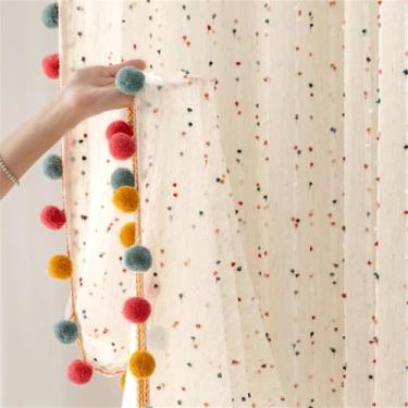 Imagem de Cortina transparente boho arco-íris com pompom colorido, cortinas de voile com filtro de luz, listras de linho sintético, pompom, bolso para varão, cortinas de janela para quarto de meninos/meninas, 2