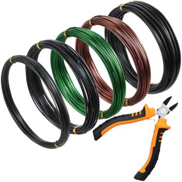 Imagem de 5 aros de treinamento de árvore de rolo com fio de alumínio anodizado de 1,5/2,0 mm com cortador de fio Bonsai para segurar ramos bonsai pequenos (preto, verde, marrom)