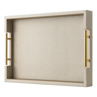 Imagem de Bandeja de servir de couro sintético champanhe com alças, 43 x 30 cm, grande bandeja decorativa para decoração de mesa de centro otomana, sala de estar, cozinha, banheiro