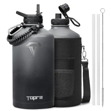 Imagem de Topre Garrafa de água isolada de 3,628 g, frasco de água de 1 litro a vácuo, frio por 48 horas, livre de BPA e à prova de vazamento - com alça de paracord, alça, tampas de bico de palha, jarro grande