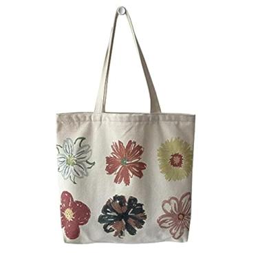 Imagem de Bolsa feminina de lona para mulheres, bolsa de ombro com zíper, trabalho, praia, viagens e compras, Flor branca, One Size