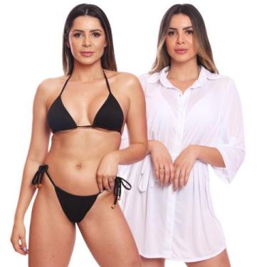 Imagem de Kit Saída de Praia Chemise Camisão Feminino + Biquini Cortininha de Am