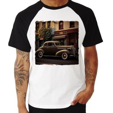 Imagem de Camiseta Raglan Carro antigo na cidade - Foca na Moda, Branco, Preto, 