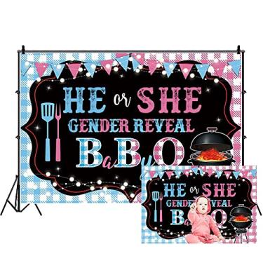 Imagem de DORCEV 1,8 x 1,2 m para ele ou ela revelar o gênero BabyQ faixa de fundo para meninos ou meninas recém-nascidos chá de bebê aniversário fotografia de fundo tema churrasco suprimentos de festa