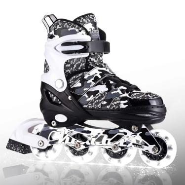 Imagem de Kuxuan Skates Patins em linha ajustáveis para crianças e jovens com rodas totalmente iluminadas, camuflagem, atividades ao ar livre, divertidas, patins iluminadores para meninas e meninos, preto