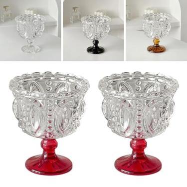 Imagem de Boxonly Conjunto de 2 copos de sobremesa vintage vermelhos - Taças de cristal em relevo, capacidade de 250 ml para sorvete e sobremesas, 4,7" x 3,9" / 12 cm x 10 cm copos elegantes para casa e café