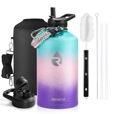 Imagem de Garrafa térmica para água RAYMYLO, aço inoxidável com parede tripla isolada a vácuo (fria por 48 h), jarra grande à prova de vazamento, sem BPA, alça de paracord, tampas de bico e canudo, 3,8 L
