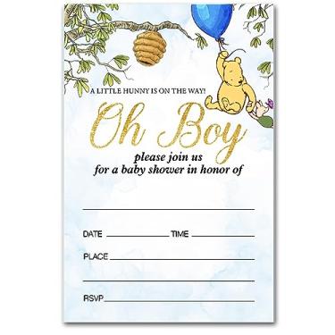 Imagem de brayqu Ursinho Pooh Convites para festa de chá de bebê Pooh Bear Boy Baby Shower Party Convites balão azul (20 cartões com envelopes)