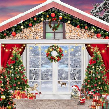 Imagem de Capa de decoração de porta de garagem de Natal pano de fundo 2,1 x 4,9 m grande capa de porta de garagem de Natal janela floresta de inverno presentes de árvore de natal 2 carros Natal pendurado faixa