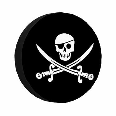 Imagem de MIYASANG Capa de pneu sobressalente com bandeira de pirata caveira baioneta preta perigosa dia das bruxas protetores de roda universais à prova de intempéries capas de pneu para trailer trailer viagem