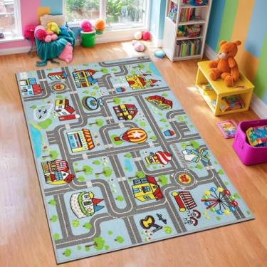 Imagem de Capslpad Tapete infantil para sala de jogos azul celeste, tapete de brincar de carro de estrada de trânsito 1,6 x 1 m, tapete de área de aprendizagem educacional lavável para quarto de crianças,