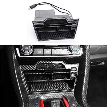 Imagem de Rifoda Caixa de armazenamento para console central Civic de 10ª geração para Honda Civic 2016 2017 2018 2019 2020 2021 Moedas Bandejas Organizador de cartões com cabo de extensão USB Fibra de carbono