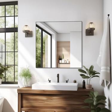 Imagem de ANYHI Espelho de parede quadrado grande, espelho de banheiro preto de 81 x 81 cm, espelho quadrado para banheiro, espelho de parede com moldura de metal preto, espelho quadrado de ângulo reto, espelho