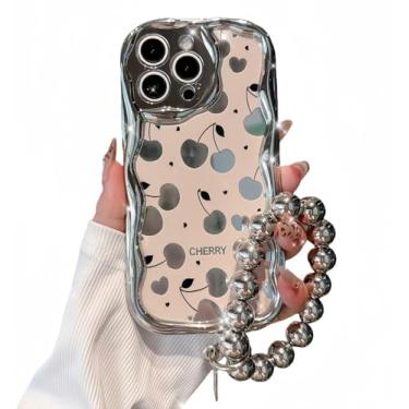 Imagem de Pretaco Capa para iPhone 16 Plus, [Chrome Silver Full Cherry][Capa de borda curva criativa banhada][2 em 1 com alça de pulso com contas] TPU macio antichoque e resistente a choques para mulheres e