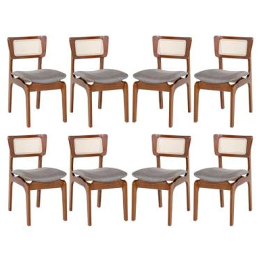 Imagem de Kit 8 Cadeiras de Jantar Portugal Madeira Imbuia com Encosto Tela Rattan Linho Cinza L55