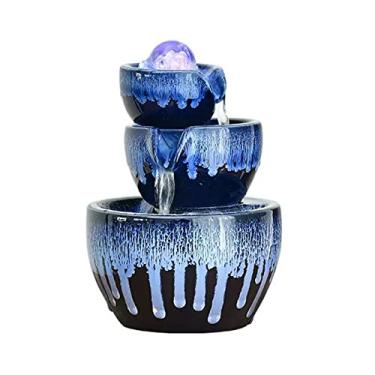 Imagem de Fonte de mesa tigela de cerâmica de 3 camadas fonte de água de mesa para relaxamento interno fontes de água Feng Shui fonte de cachoeira com bola rolante para decoração de casa sala de estar
