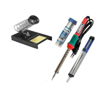 Imagem de Kit Solda Ferro + Suporte + Sugador + solda em fio tubete - Mastertel,