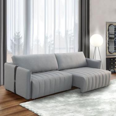 Imagem de Sofá Sala de Estar 180cm Retrátril com Detalhe Lateral em PU Comala Linho Cinza G93 - Gran Belo