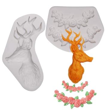 Imagem de Molde de silicone de cabeça de veado molde de chocolate rosa floral renda borda decoração moldes para cupcake topper chocolate doce pasta de goma de polímero resina