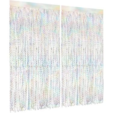Imagem de Pacote com 2 cortinas iridescentes onduladas com franjas, 1 x 2 m, pano de fundo de tinsel que muda de cor para aniversário, chá de bebê, casamento, despedida de solteira e decoração de festas de fim