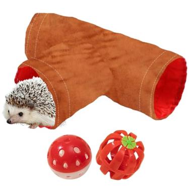 Imagem de 1 túnel de esconderijo de ouriço com 2 peças de brinquedos de bola de sino, túnel de ouriço com brinquedos para ouriços, túneis de pequenos animais, tubos de brinquedo para rato, hamster, cobaia,