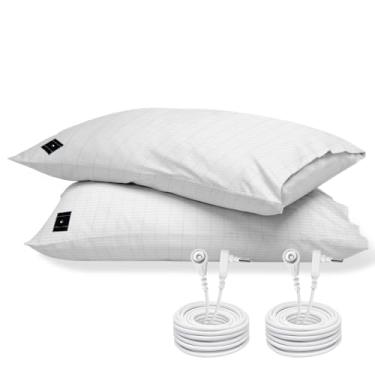 Imagem de 2 fronhas de aterramento de 50,8 cm x 76 cm com cordão de aterramento, capa de almofada de algodão macio e confortável, fronhas condutoras de terapia do sono reduzem a inflamação (branca)