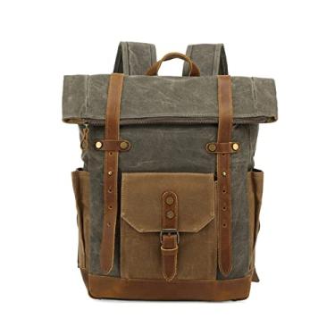 Imagem de Mochila de Lona para Homens Mochila de Couro Mochila Escolar Mochila Feminina Masculina Mochila de Viagem Vintage para Homens(Army Green)