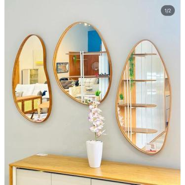 Imagem de Trio de Espelho Decorativo Orgânico Com Moldura Lâmina De Madeira - Li