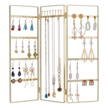 Imagem de FINGERINSPIRE Porta-joias dobrável dourado, 64 furos e 8 ganchos, organizador de joias de metal com 3 painéis para anéis, brincos, pulseiras e colares, organizador de joias, suporte de exibição para