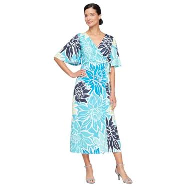 Imagem de S.L. Fashions Vestido feminino midi estampado casual primavera/verão, vestido de convidada de casamento, com decote sobrepeliz e mangas esvoaçantes, Aqua, 48