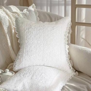 Imagem de Capa de almofada de renda rústica branca com babados, estilo fazenda francesa, almofada quadrada 45,7 x 45,7 cm para decoração de casa, fronhas de algodão de crochê de renda para sofá cama - 2