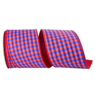 Imagem de Reliant Ribbon Blue Check Deluxe Red Dupioni Backed Fita de borda com fio