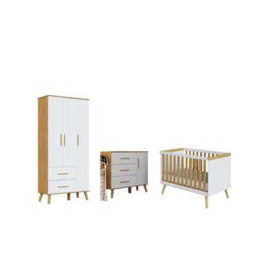 Imagem de Quarto Completo Bebe Moveis Peroba Sky Retro MDF Ls, Branco Amêndoa