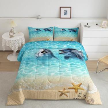 Imagem de Homewish Jogo de cama solteiro com golfinho fofo, oceano, praia, vida marinha, mundo subaquático, para decoração de quarto de crianças, meninas, meninos, adultos, enchimento de edredom estilo havaiano